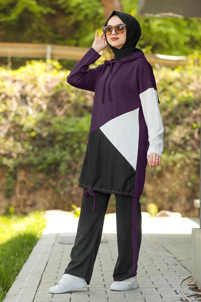 Neva Style - Kapşonlu Mürdüm Tesettür İkili takım 61490MU - 1