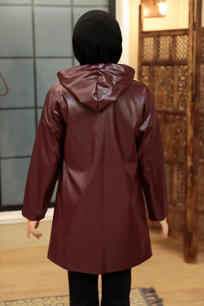 Neva Style - Kapşonlu Mürdüm Tesettür Suni Deri Kap 50153MU - 2