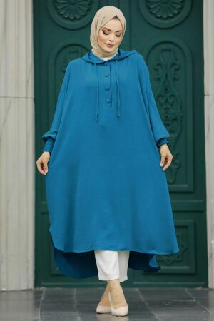 Neva Style - Kapşonlu Petrol Mavisi Tesettür Tunik 20532PM 