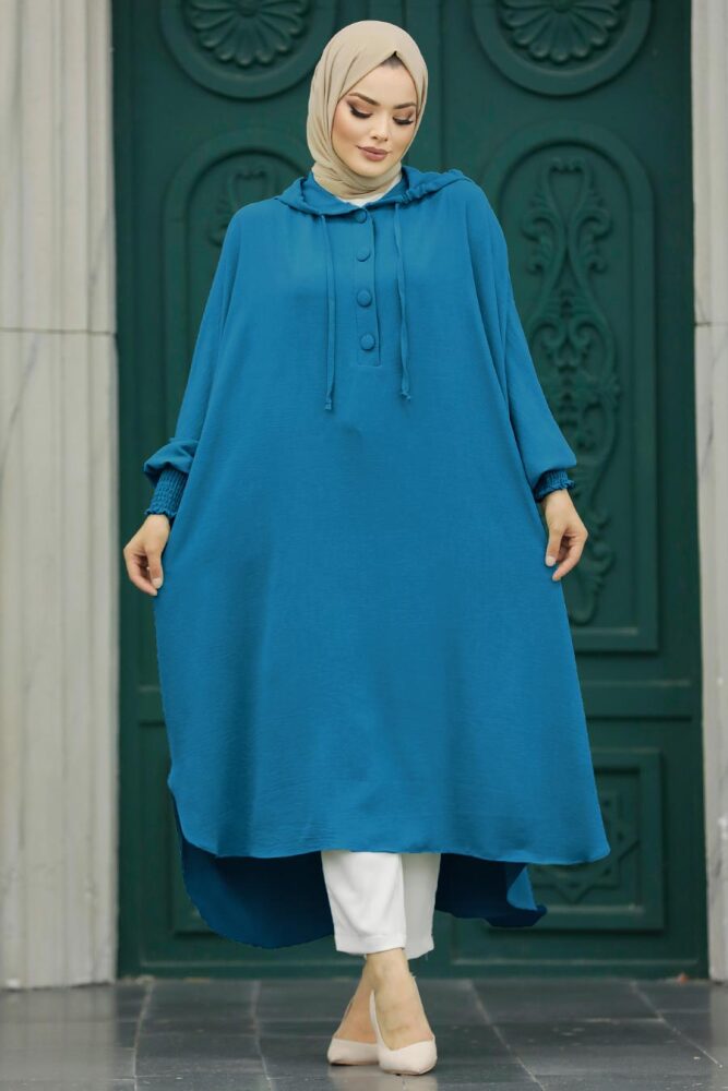 Neva Style - Kapşonlu Petrol Mavisi Tesettür Tunik 20532PM - 1