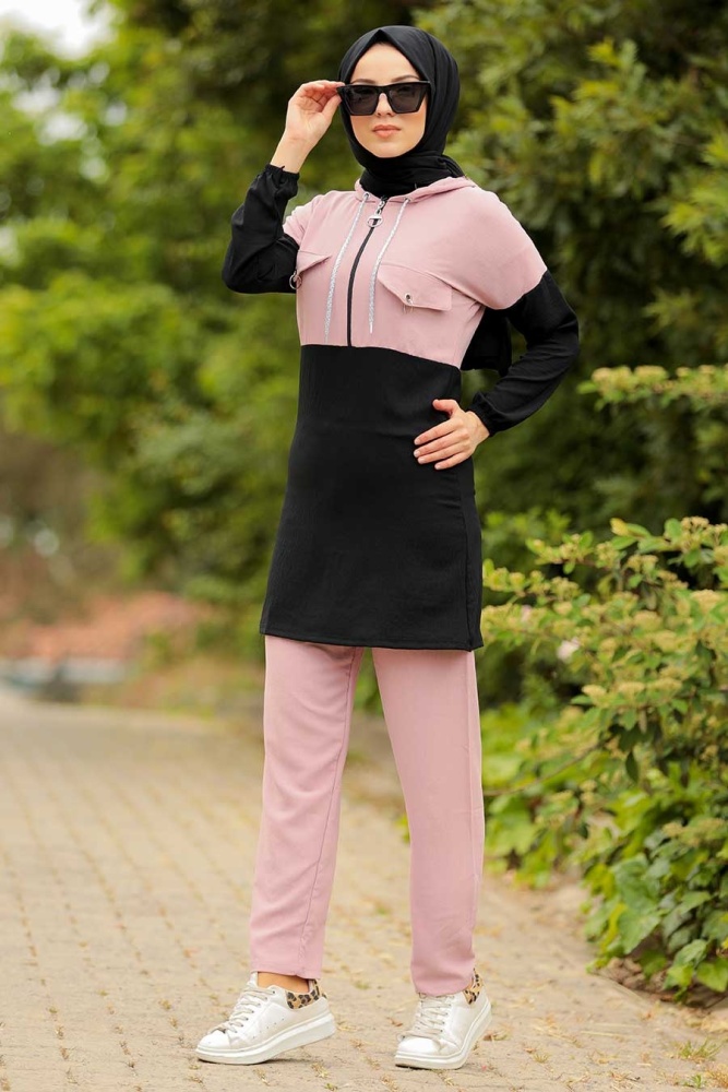 Neva Style - Kapşonlu Pudra Tesettür İkili Takım 9621PD - 1