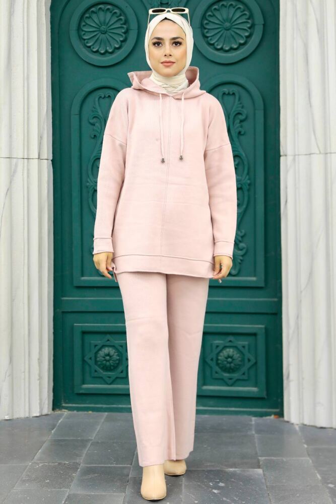 Neva Style - Kapşonlu Pudra Tesettür Triko İkili Takım 25030PD - 1