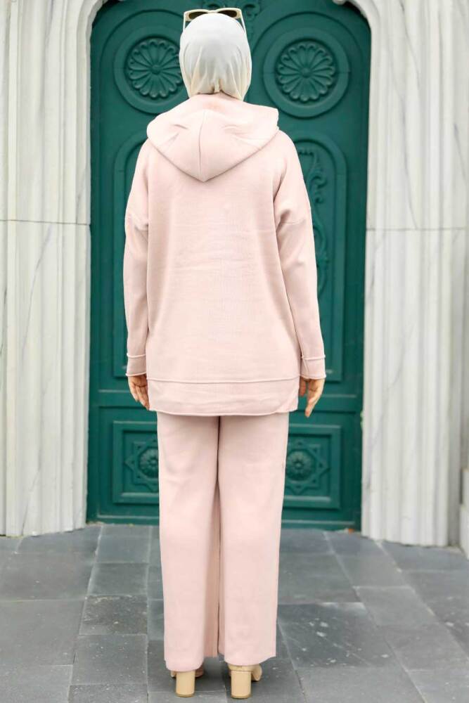 Neva Style - Kapşonlu Pudra Tesettür Triko İkili Takım 25030PD - 3