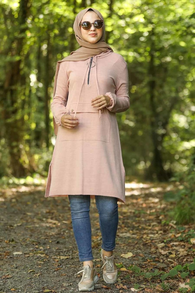 Neva Style - Kapşonlu Pudra Tesettür Triko Tunik 14606PD - 1