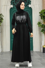 Neva Style - Kapşonlu Siyah Tesettür Elbise 1356S - Thumbnail