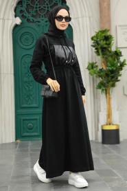 Neva Style - Kapşonlu Siyah Tesettür Elbise 1356S - Thumbnail