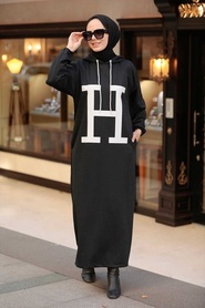 Neva Style - Kapşonlu Siyah Tesettür Elbise 7016S - Thumbnail