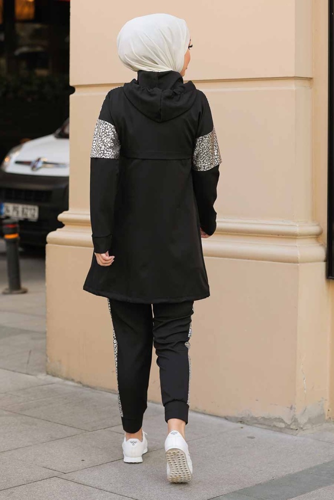 Neva Style - Kapşonlu Siyah Tesettür İkili Takım 11370S - 6