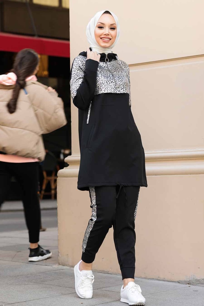 Neva Style - Kapşonlu Siyah Tesettür İkili Takım 11370S - 2