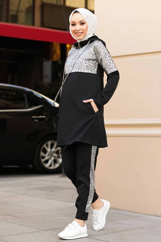 Neva Style - Kapşonlu Siyah Tesettür İkili Takım 11370S - 3
