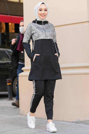  Kapşonlu Siyah Tesettür İkili Takım 11370S - 1