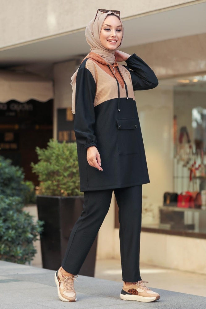 Neva Style - Kapşonlu Siyah Tesettür İkili Takım 1296S - 1
