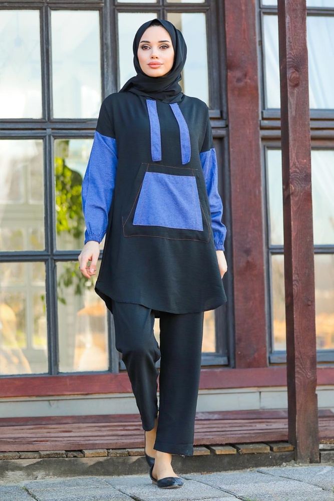 Neva Style - Kapşonlu Siyah Tesettür İkili Takım 1426S - 1