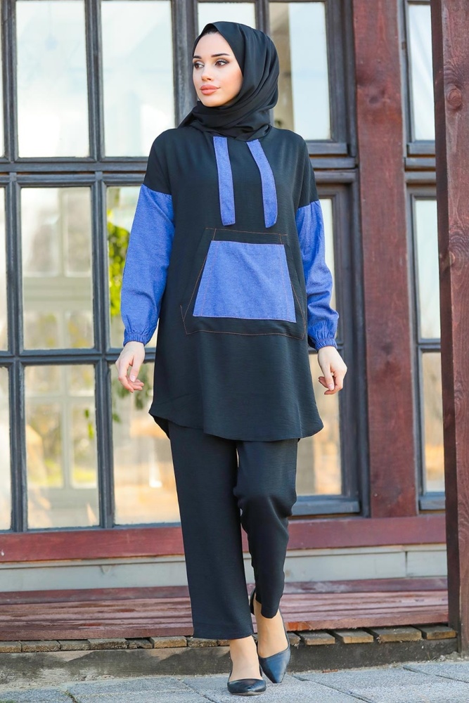 Neva Style - Kapşonlu Siyah Tesettür İkili Takım 1426S - 2