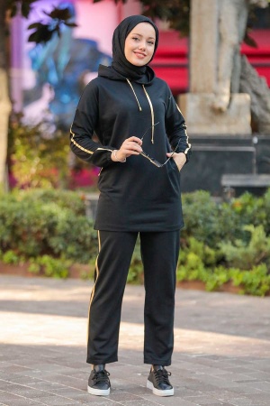 Neva Style - Kapşonlu Siyah Tesettür İkili Takım 1558S - 1