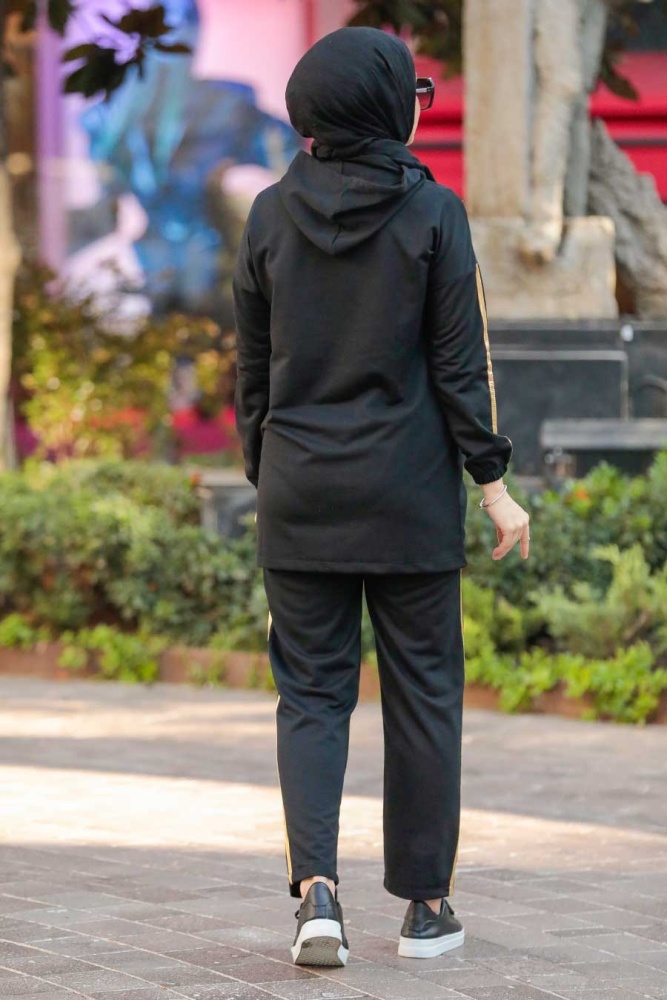 Neva Style - Kapşonlu Siyah Tesettür İkili Takım 1558S - 5