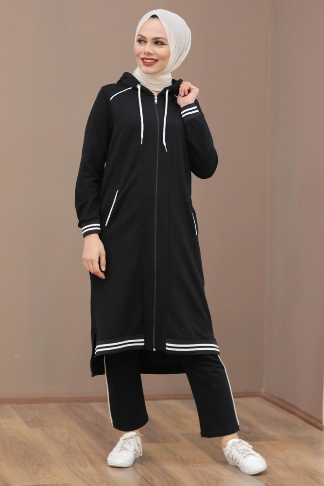 Neva Style - Kapşonlu Siyah Tesettür İkili Takım 17130S - 1