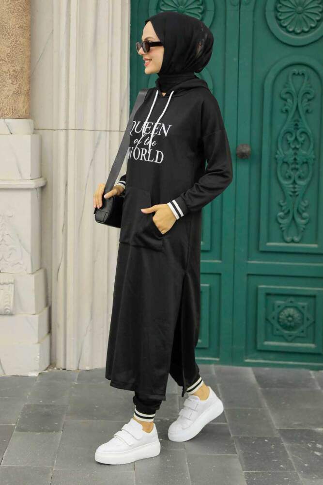 Neva Style - Kapşonlu Siyah Tesettür İkili Takım 56090S - 2