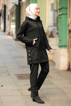 Neva Style - Kapşonlu Siyah Tesettür İkili Takım 6902S - 2