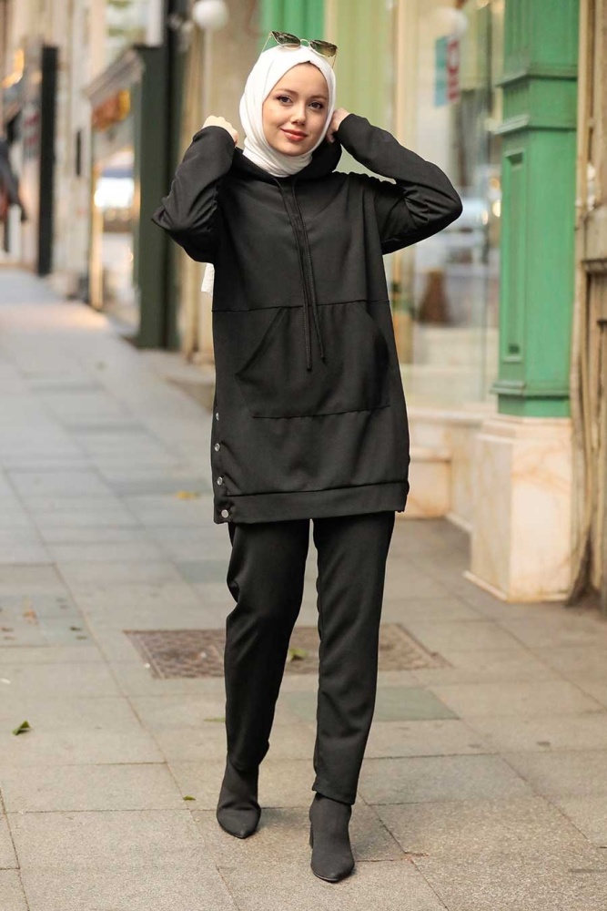 Neva Style - Kapşonlu Siyah Tesettür İkili Takım 6902S - 1