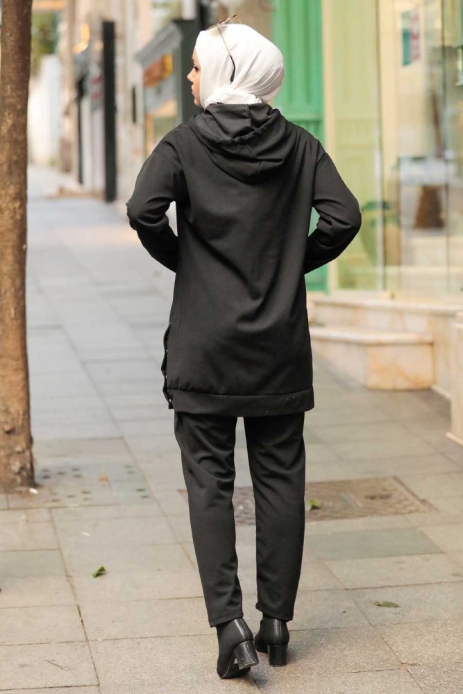 Neva Style - Kapşonlu Siyah Tesettür İkili Takım 6902S - 3