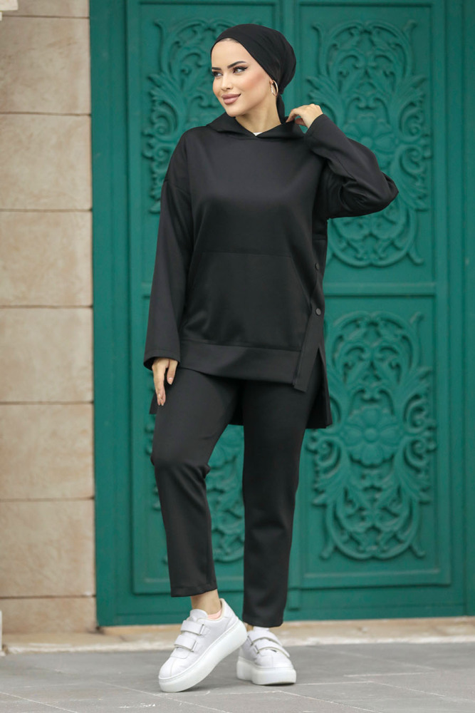 Neva Style - Kapşonlu Siyah Tesettür İkili Takım 7124S - 2