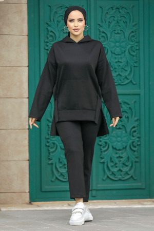 Neva Style - Kapşonlu Siyah Tesettür İkili Takım 7124S - 1