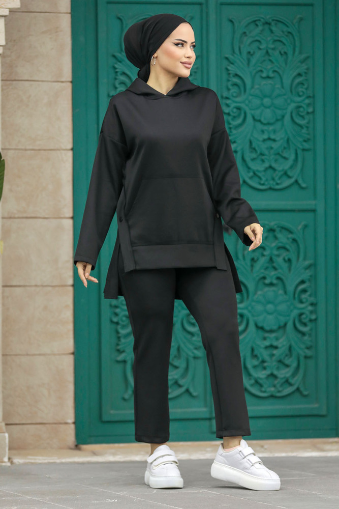 Neva Style - Kapşonlu Siyah Tesettür İkili Takım 7124S - 3