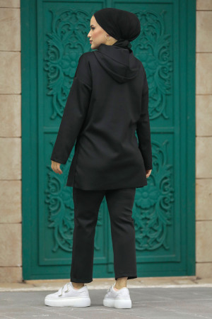 Neva Style - Kapşonlu Siyah Tesettür İkili Takım 7124S - 4