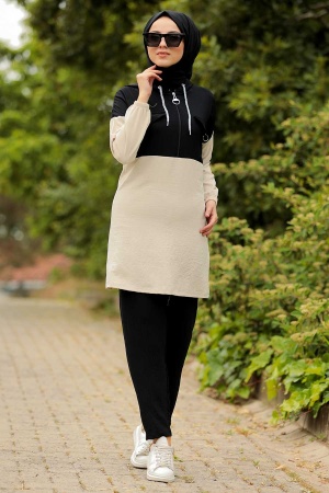 Neva Style - Kapşonlu Siyah Tesettür İkili Takım 9621S - 1