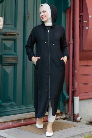 Neva Style - Kapşonlu Siyah Tesettür Kap 15630S - 1