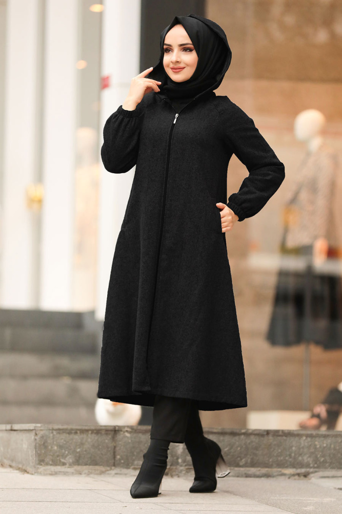 Neva Style - Kapşonlu Siyah Tesettür Kap 40081S - 1