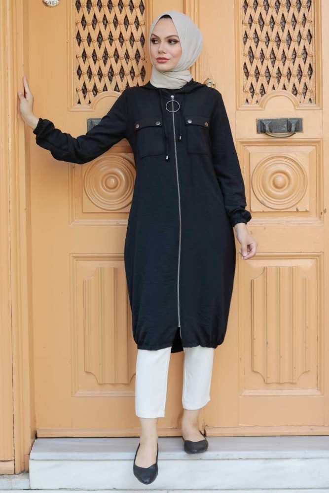 Neva Style - Kapşonlu Siyah Tesettür Kap 5030S - 1