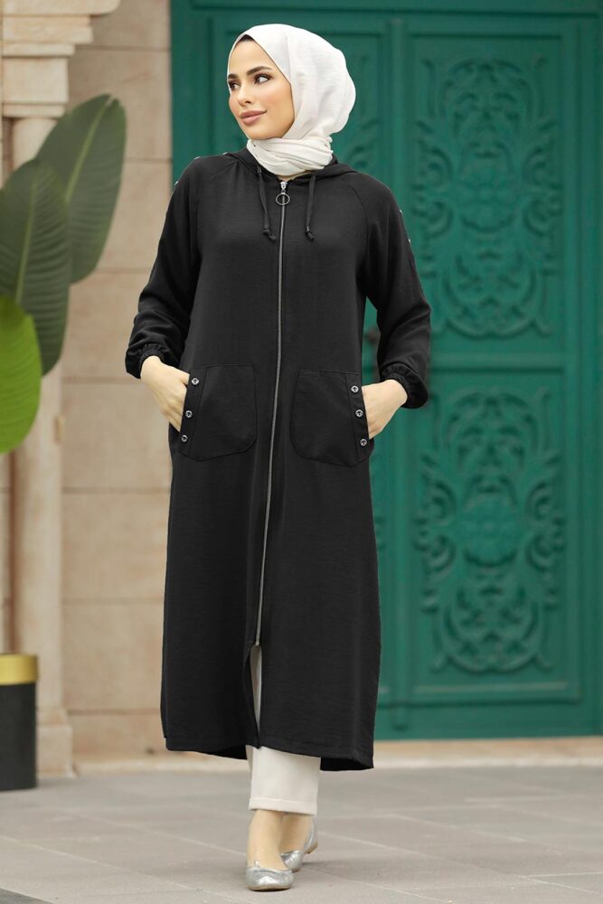 Neva Style - Kapşonlu Siyah Tesettür Kap 511S - 1