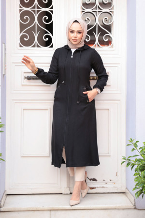 Neva Style - Kapşonlu Siyah Tesettür Kap 539S - 1