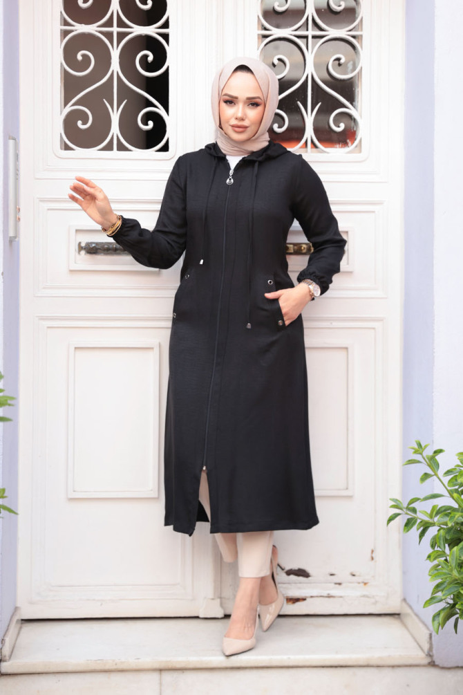 Neva Style - Kapşonlu Siyah Tesettür Kap 539S - 1