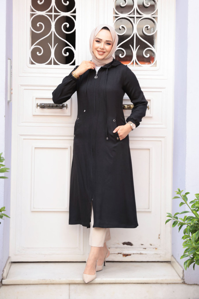 Neva Style - Kapşonlu Siyah Tesettür Kap 539S - 2