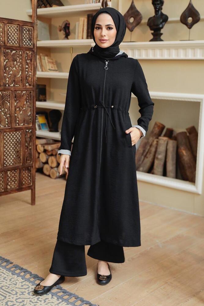 Neva Style - Kapşonlu Siyah Tesettür Kap 5721S - 1