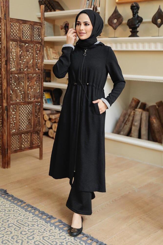 Neva Style - Kapşonlu Siyah Tesettür Kap 5721S - 2