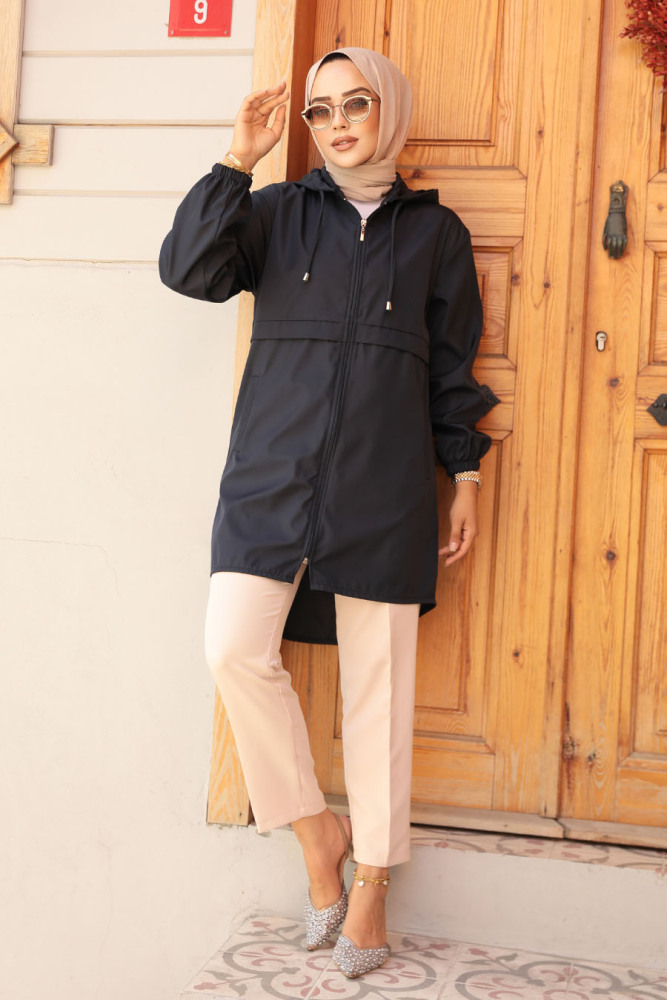 Neva Style - Kapşonlu Siyah Tesettür Kap 5957S - 1