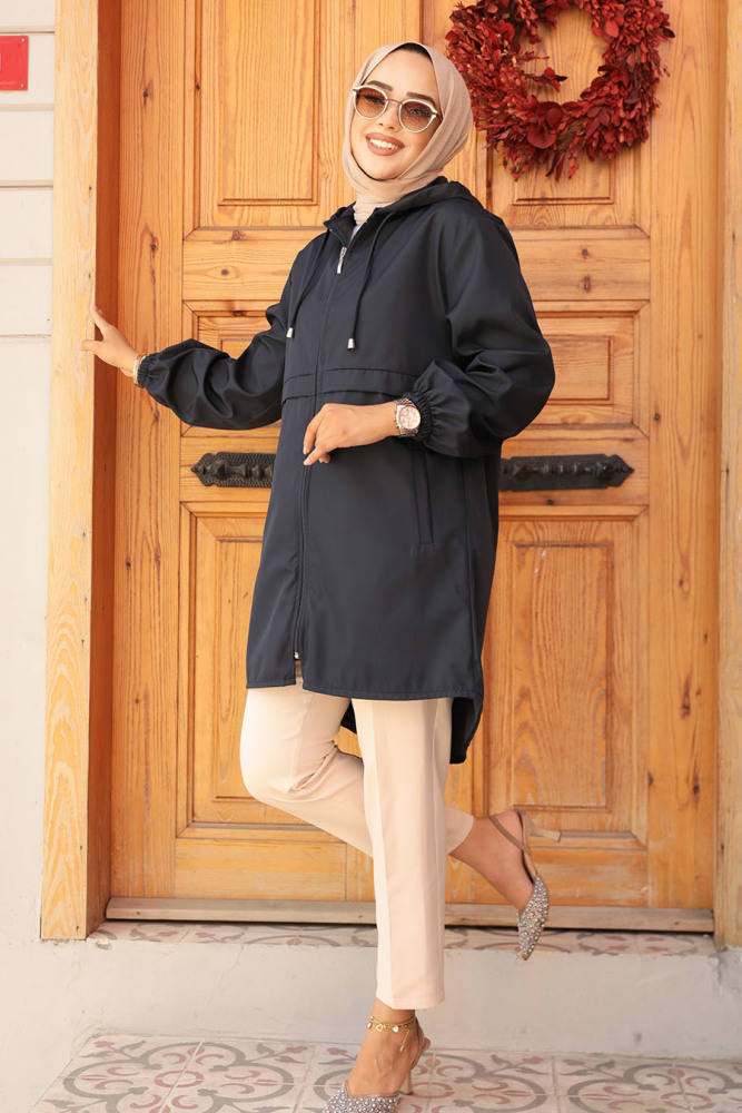 Neva Style - Kapşonlu Siyah Tesettür Kap 5957S - 2