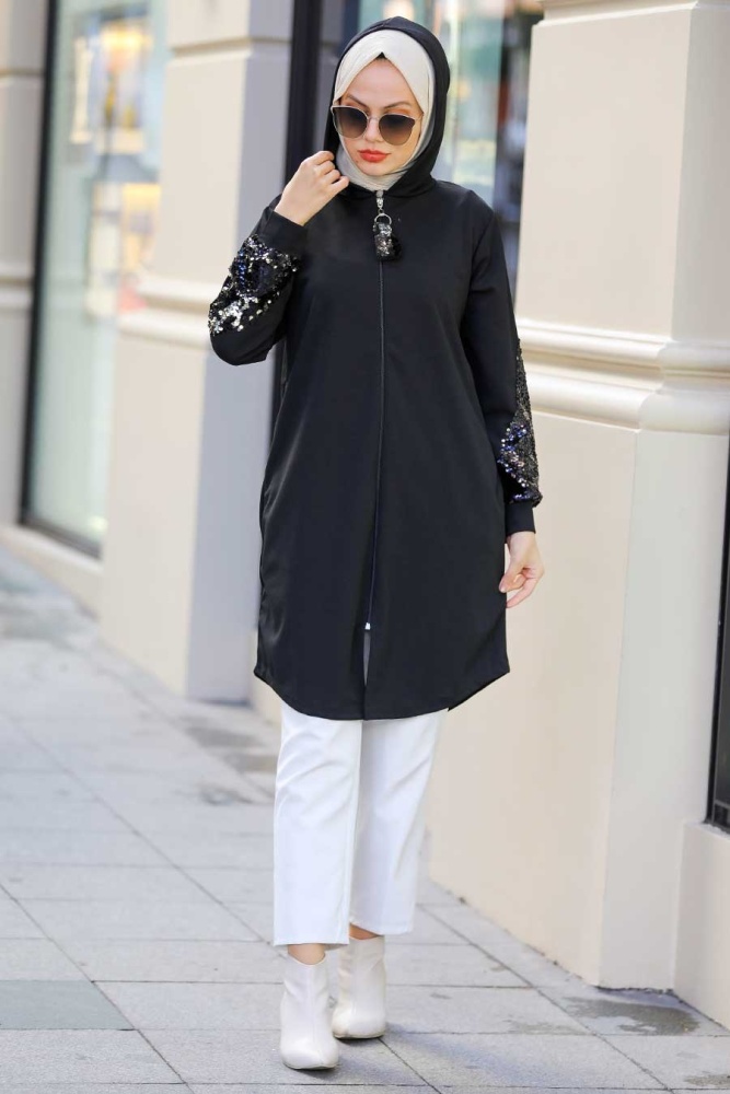 Neva Style - Kapşonlu Siyah Tesettür Kap 6844S - 1