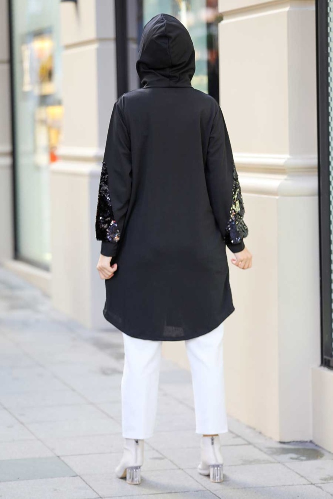 Neva Style - Kapşonlu Siyah Tesettür Kap 6844S - 2