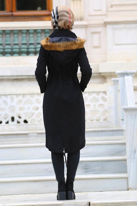 Neva Style - Kapşonlu Siyah Tesettür Mont 2126S - 2