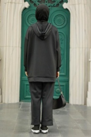 Neva Style - Kapşonlu Siyah Tesettür Scuba Krep İkili Takım 7690S - Thumbnail