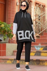 Neva Style - Kapşonlu Siyah Tesettür Sweatshirt 4208S - Thumbnail