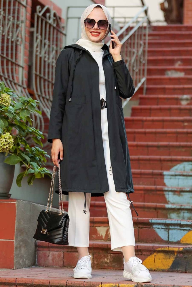 Neva Style - Kapşonlu Siyah Tesettür Trençkot 8932S - 1
