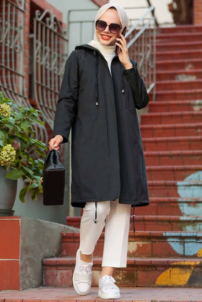 Neva Style - Kapşonlu Siyah Tesettür Trençkot 8932S - 2