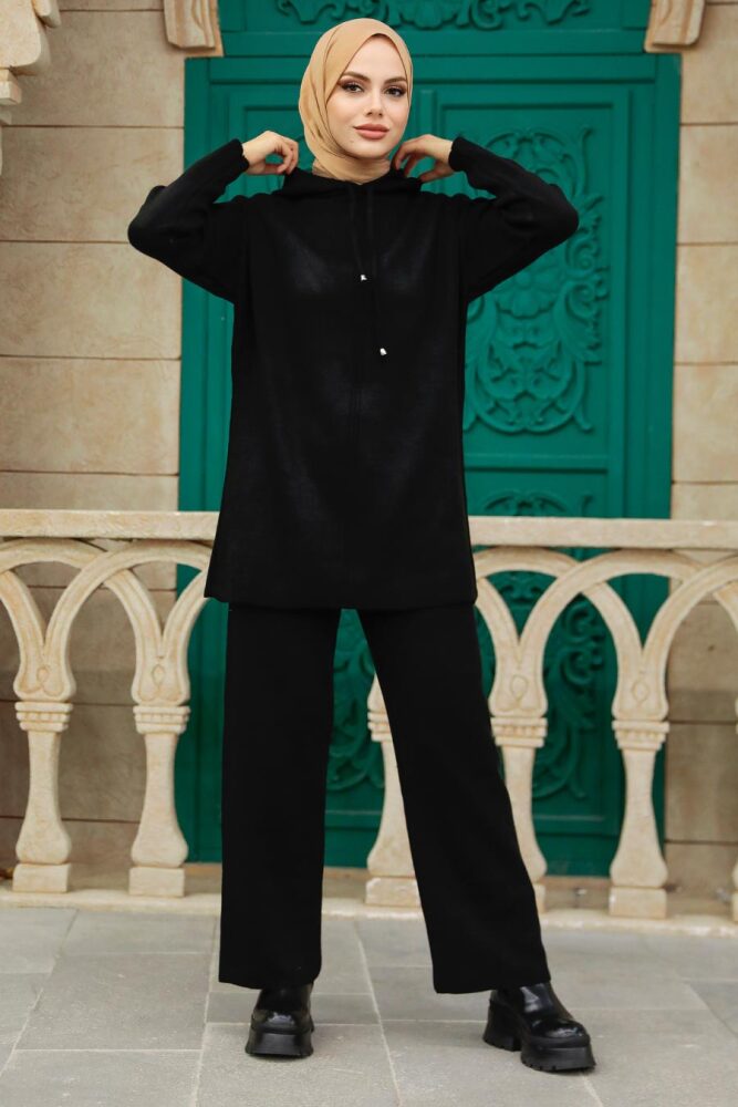 Neva Style - Kapşonlu Siyah Tesettür Triko İkili Takım 10032S - 2