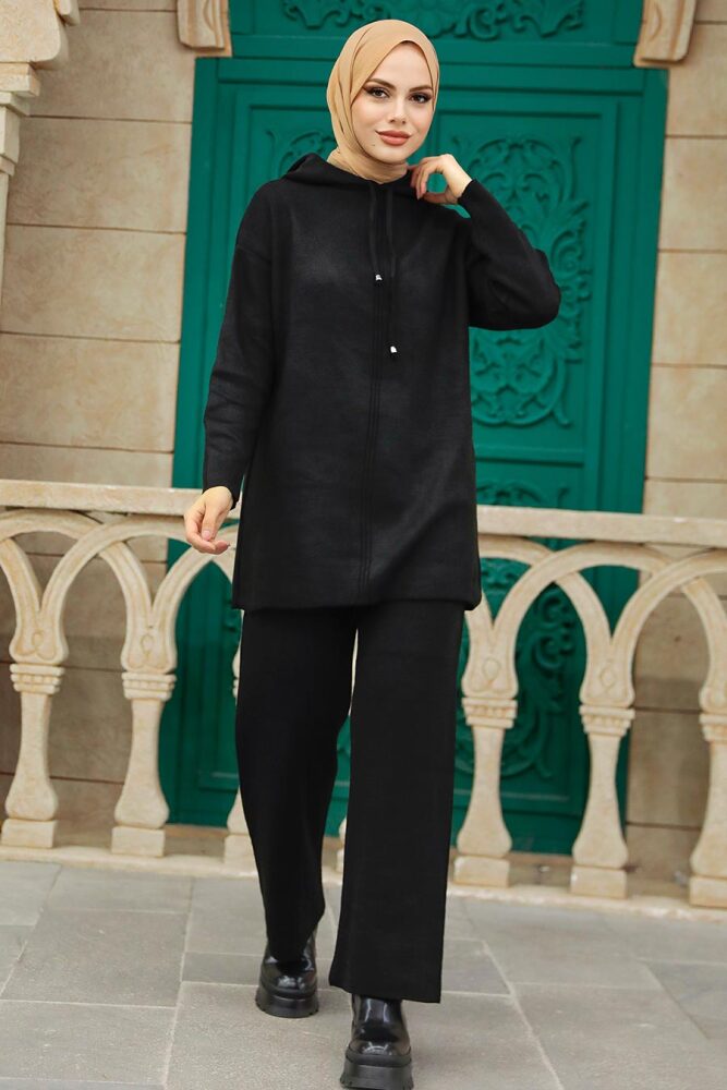 Neva Style - Kapşonlu Siyah Tesettür Triko İkili Takım 10032S - 1